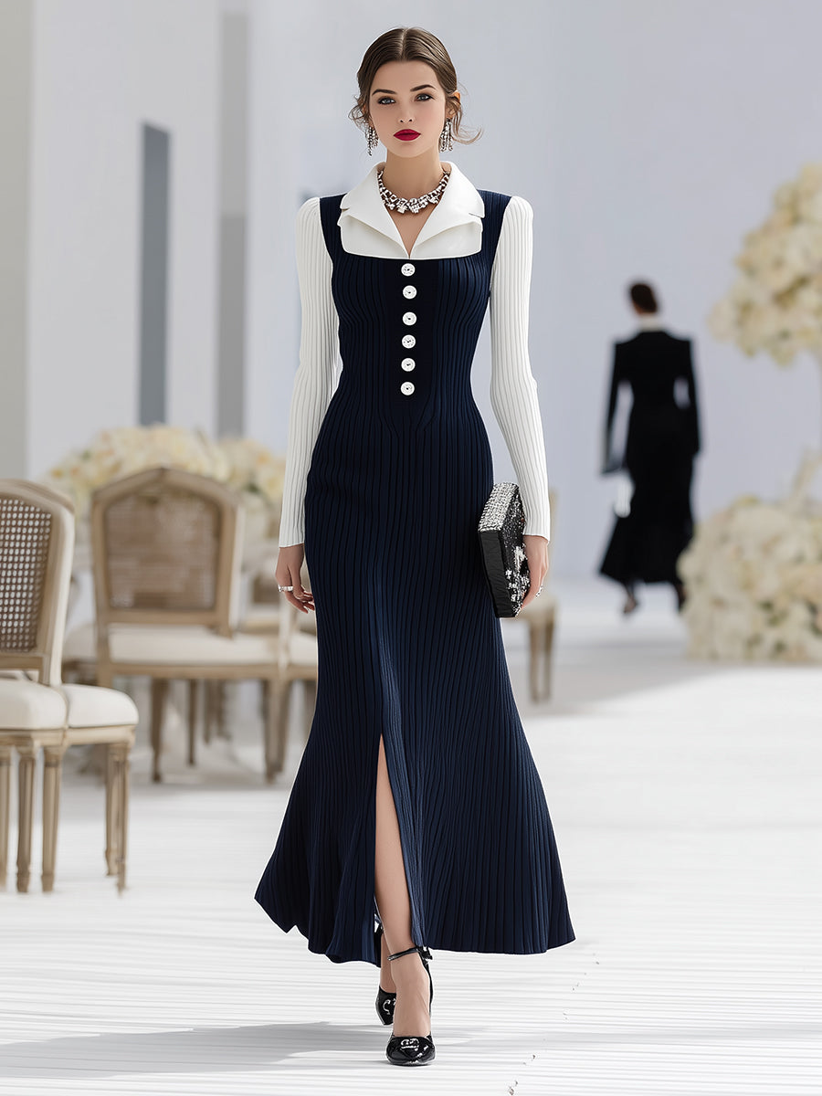 Robe Maxi Élégante à Fente et Boutons – Style Fausse Deux Pièces en Bleu et Blanc