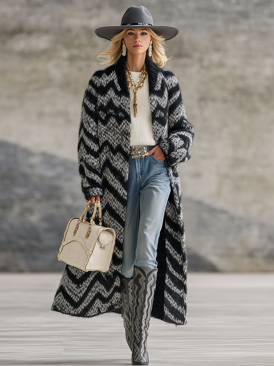 Vintage Zigzag Knit Cardigan in Black and White