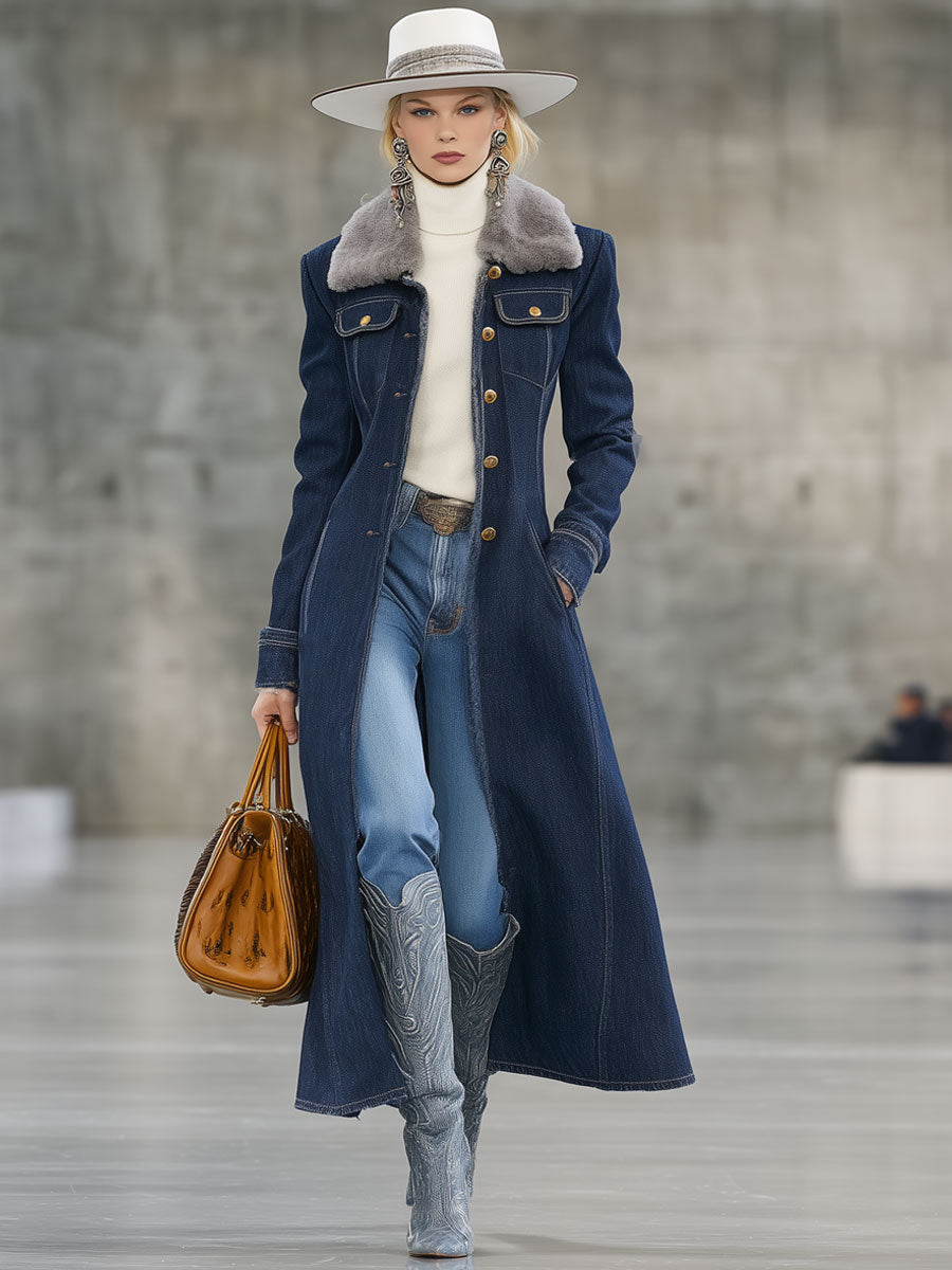 Longue Veste en Jean Bleu Foncé avec Col en Fourrure Vintage et Finitions en Fourrure