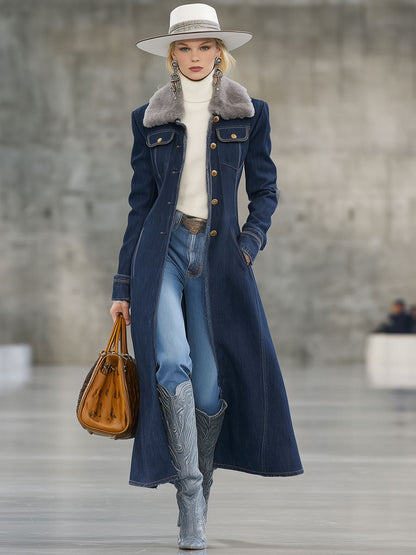 Longue Manteau en Denim Bleu Profond avec Col et Bordure en Fourrure Rétro
