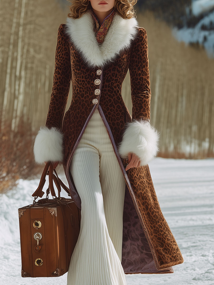 Veste Longue en Velours Léopard Marron au Style Rétro avec Col en Fourrure Synthétique