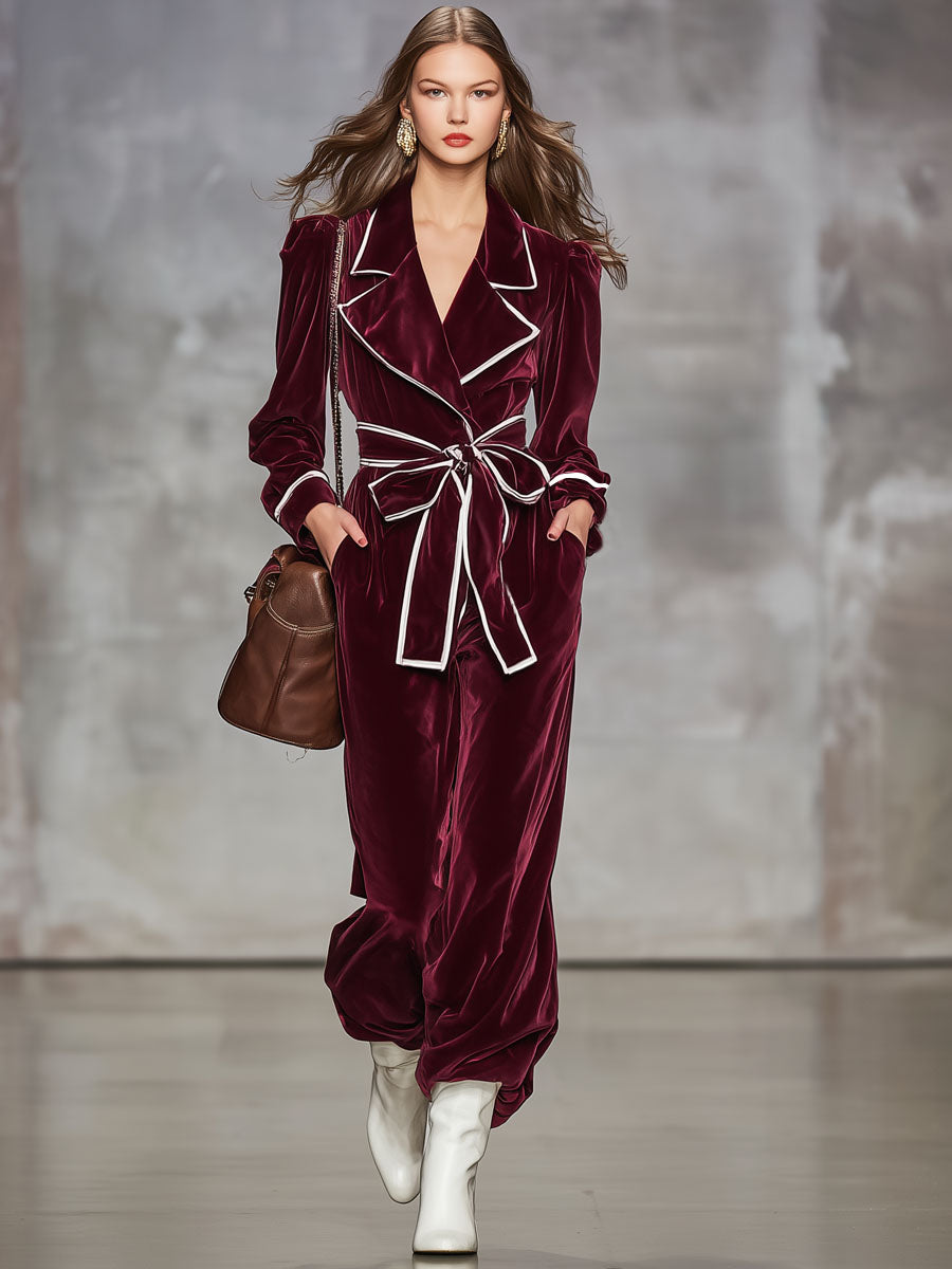 Combinaison en velours à manches longues avec cravate contrastée et col décontracté