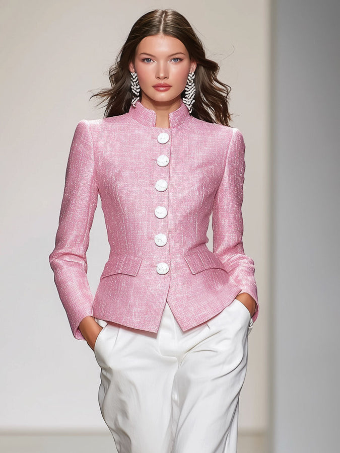 Veste en Tweed Élégante avec Col Montant et Fermeture Boutonnée