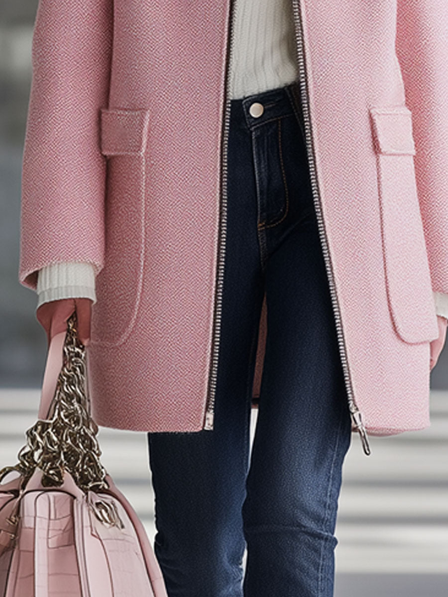 Veste en laine rose rétro à zip avec poches pratiques