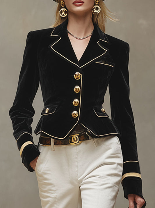 Blazer Velours Noir Cintré avec Col Cranté et Détails Dorés