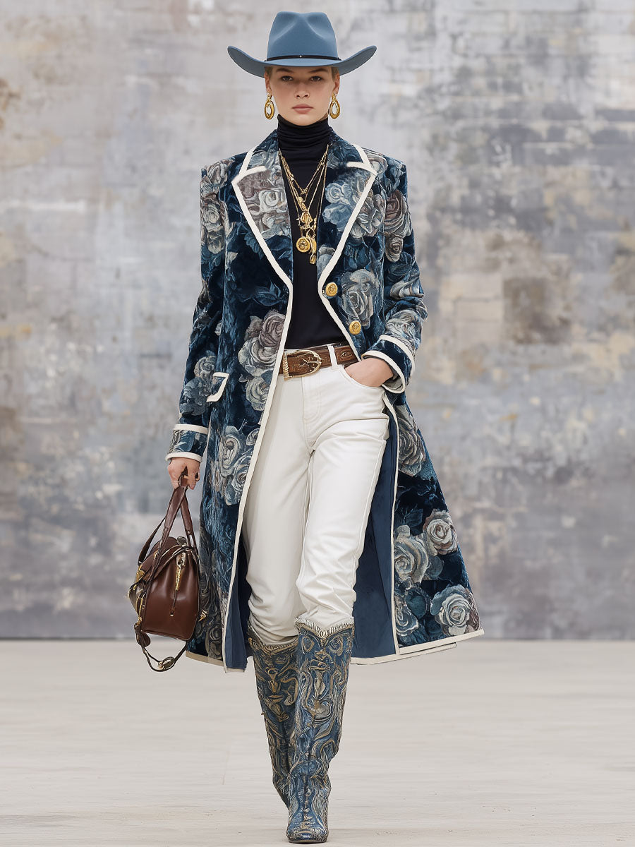 Veste en velours rose à motifs floraux avec bordure contrastante et col rétro