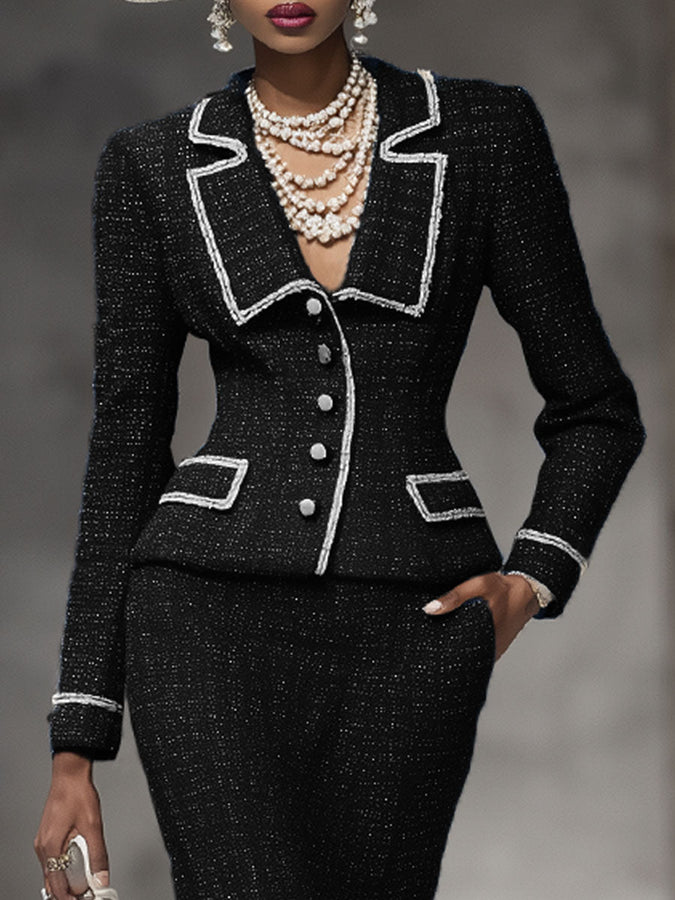 Ensemble Chic : Veste à Revers à Bouton Unique et Jupe en Tweed