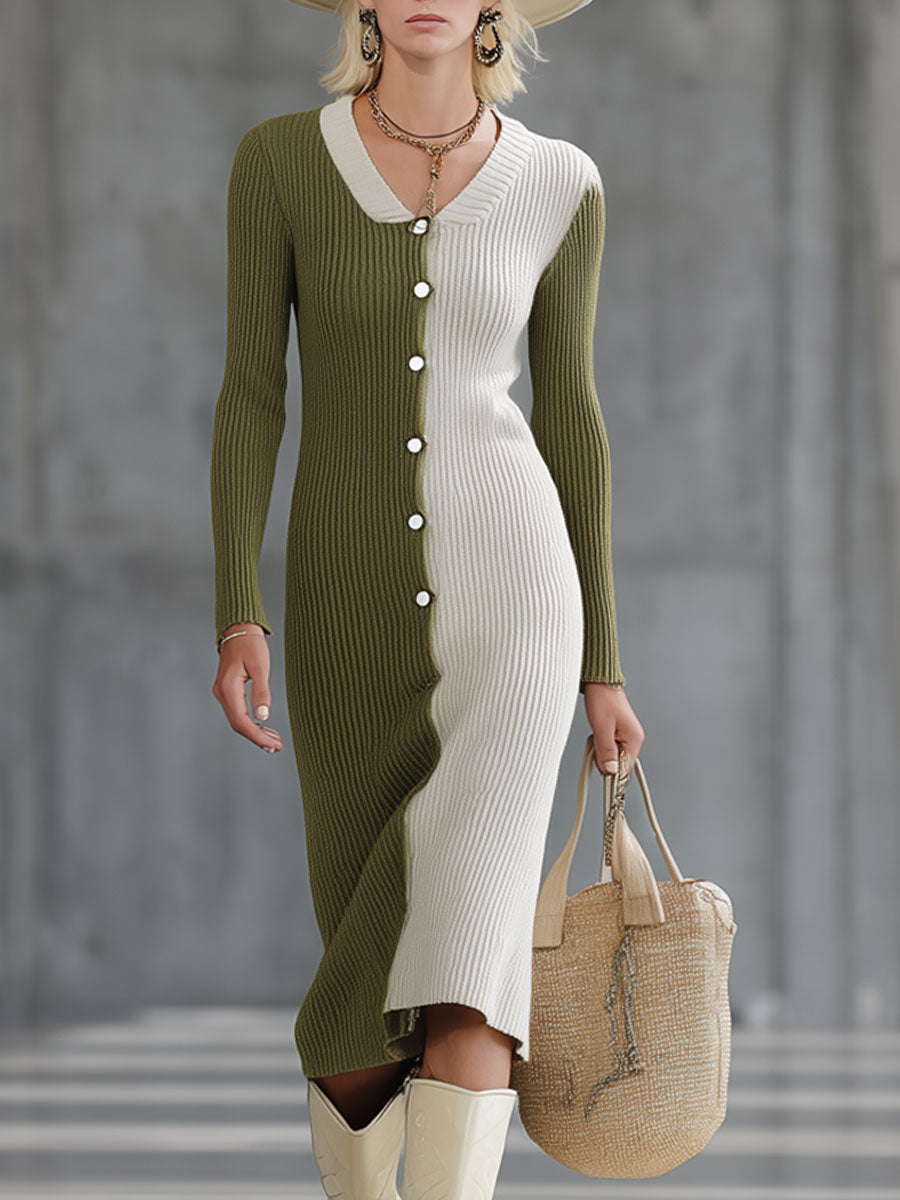 Robe Midi Vintage en Tricot Vert Mousse et Blanc