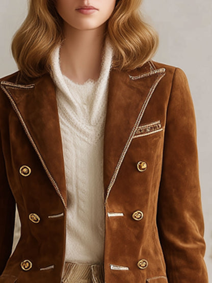 Veste en Suède Synthétique Caramel à Bordure Dorée Vintage