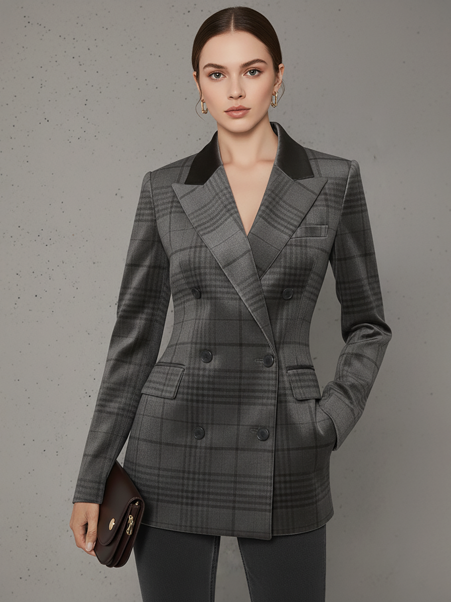 Veste Velours Vintage à Imprimé Vichy avec Double Boutonnage