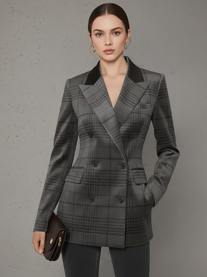 Veste Velours Vintage à Imprimé Vichy avec Double Boutonnage