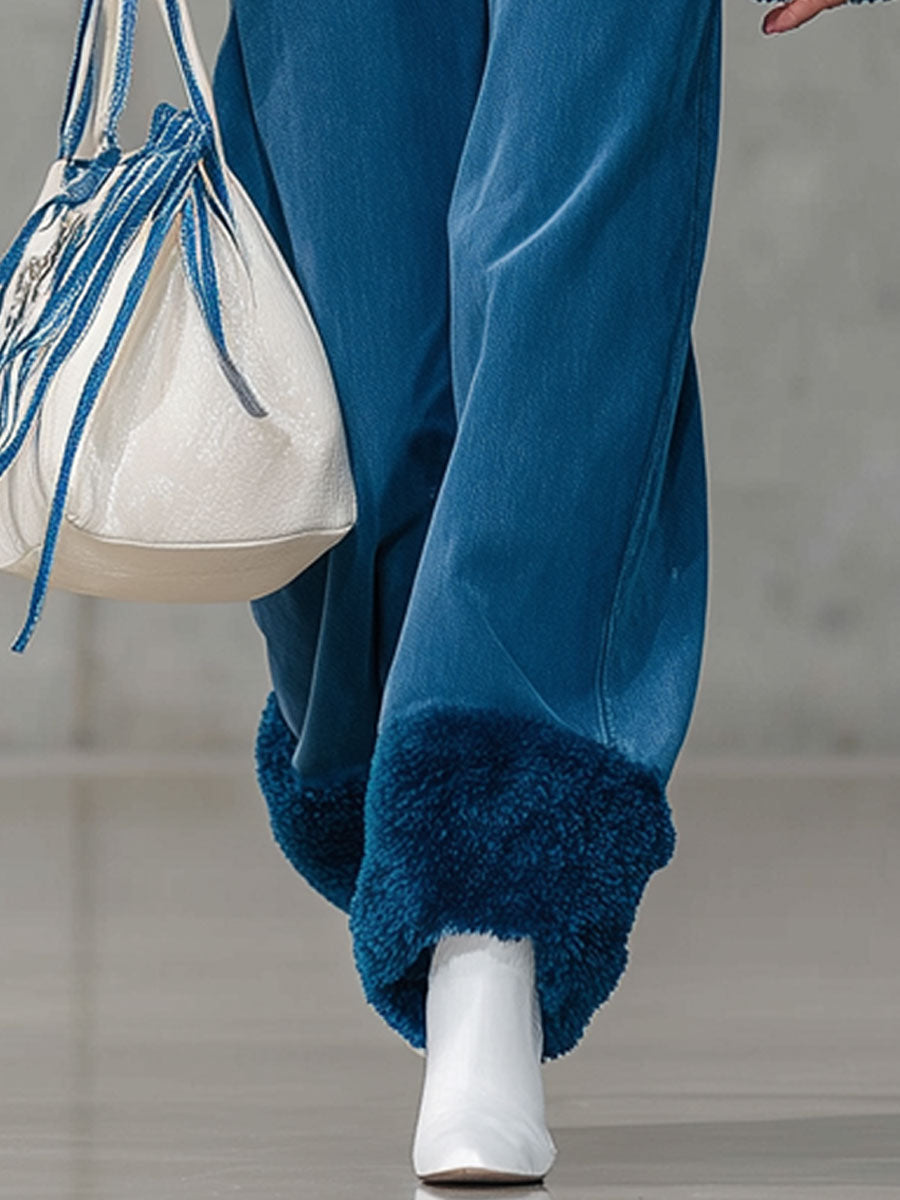 Jean Vintage Décontracté Bleu à Jambes Roulées en Polaire