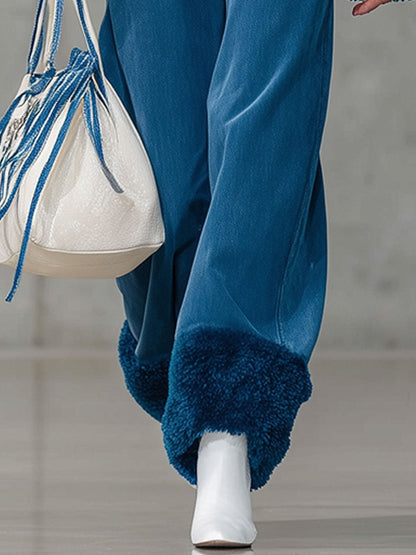 Jean Vintage Décontracté Bleu à Jambes Roulées en Polaire
