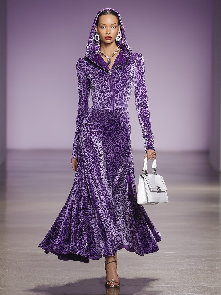 Robe Maxi en Velours Imprimé Léopard Violet avec Capuche