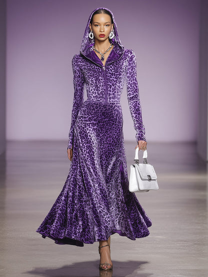 Robe Maxi en Velours Imprimé Léopard Violet avec Capuche