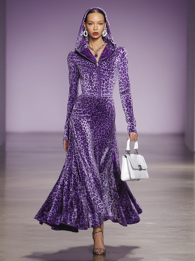 Robe Maxi en Velours Imprimé Léopard Violet avec Capuche et Zip