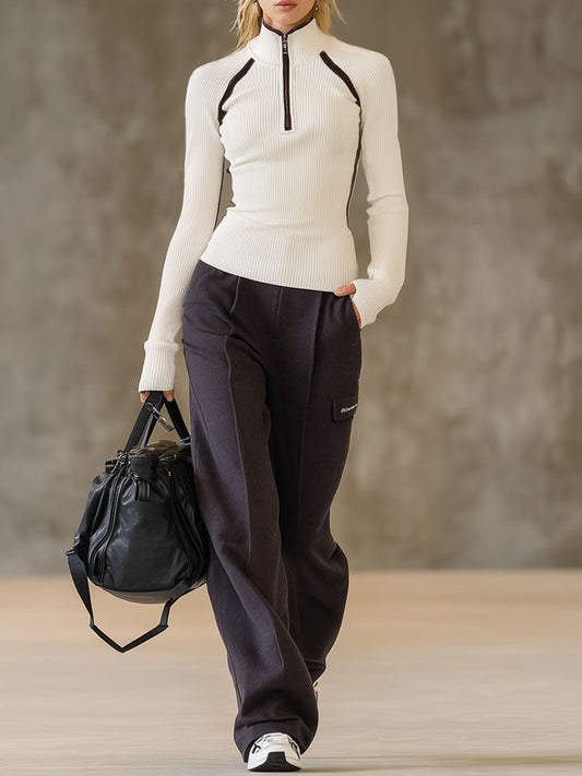 Ensemble Chic : Haut Zippé à Col Montant et Pantalons Amples Confortables
