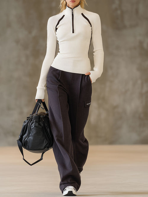 Ensemble Chic : Haut Zippé à Col Montant Ajusté et Pantalons à Jambes Larges