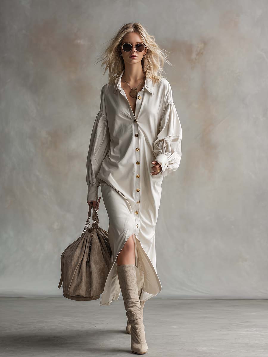 Robe Maxi Blanche en PU avec Boutons Frontaux et Col Chic