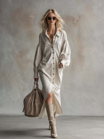 Robe Maxi Blanche en PU avec Boutons Frontaux et Col Chic