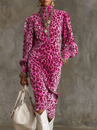 Robe Midi en Velours Léopard avec Col Montant et Manches Bouffantes - Élégance Chic et Confort