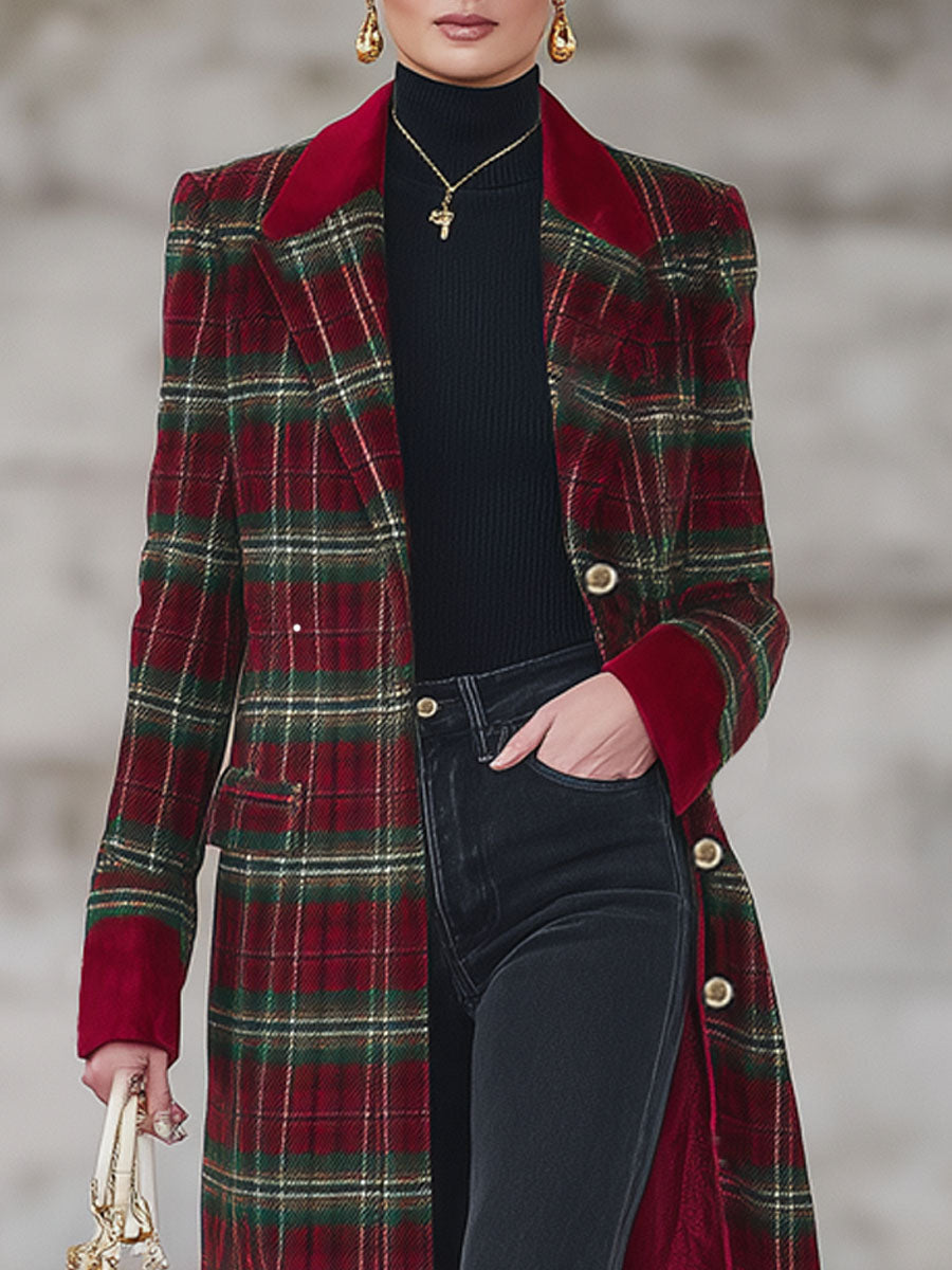 Classique Manteau Tartan Rouge et Vert avec Revers Élégant