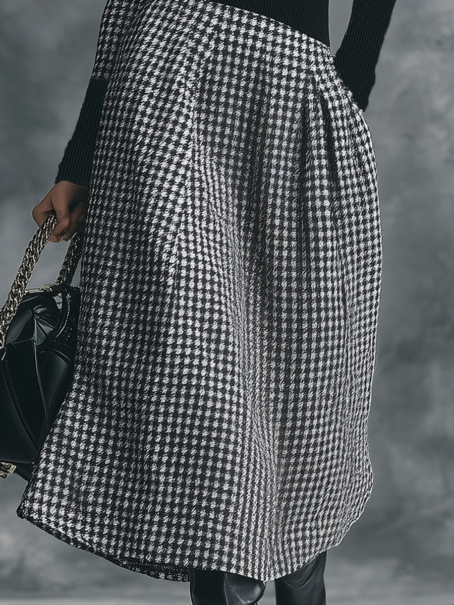 Robe Midi Houndstooth Chic à Col Montant Élégant