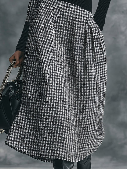 Robe Midi Houndstooth Chic à Col Montant Élégant