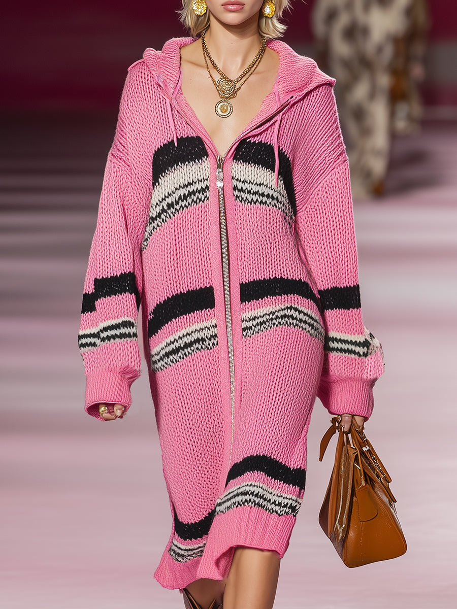 Robe Midi Tricotée Rose à Rayures Noires et Blanches avec Capuche et Zip