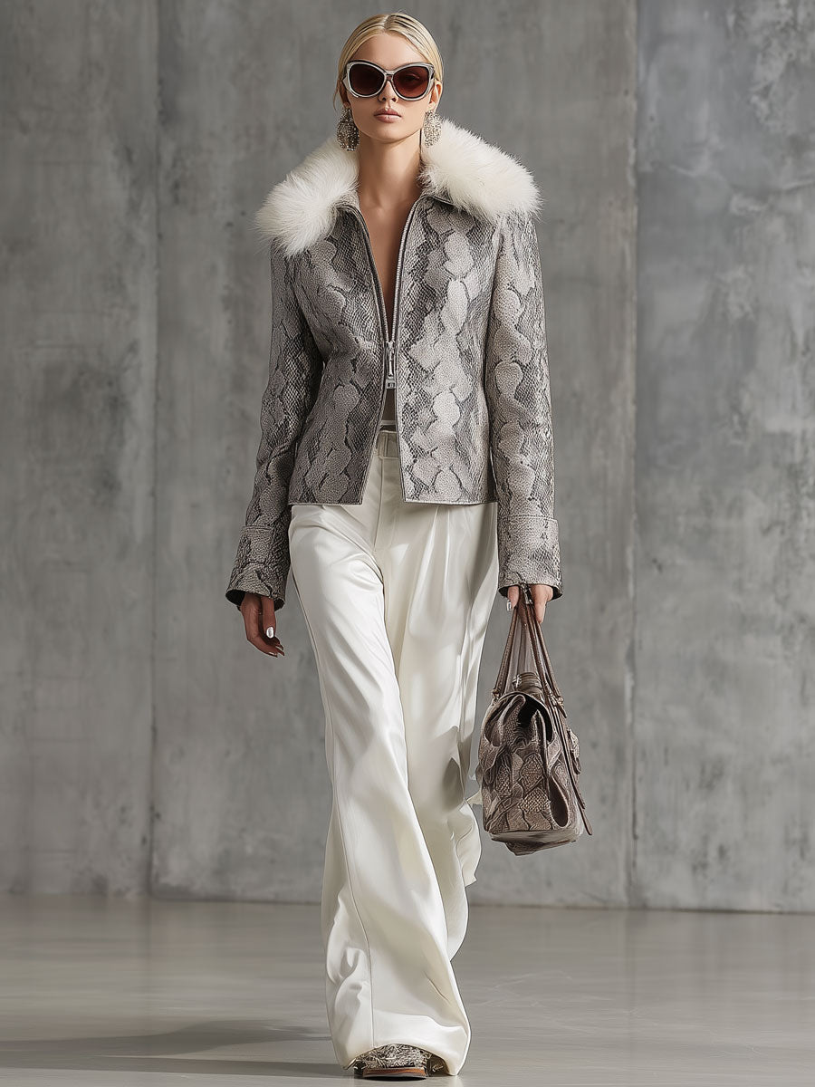 Veste Vintage en Simili Cuir avec Double Fermeture Éclair et Col en Fourrure Synthétique Imprimé Serpent Gris