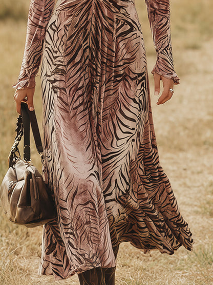 Robe Maxi A-Line en Velours Imprimé Zebra Rose - Style Rétro Western à Manches Longues