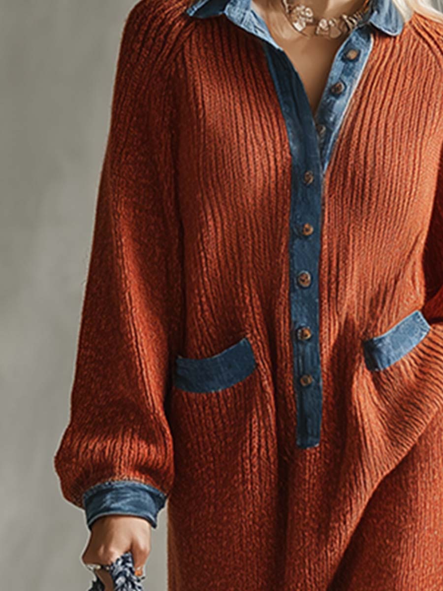 Robe Maxi Orange Tricotée avec Accents en Jean - Élégance Décontractée