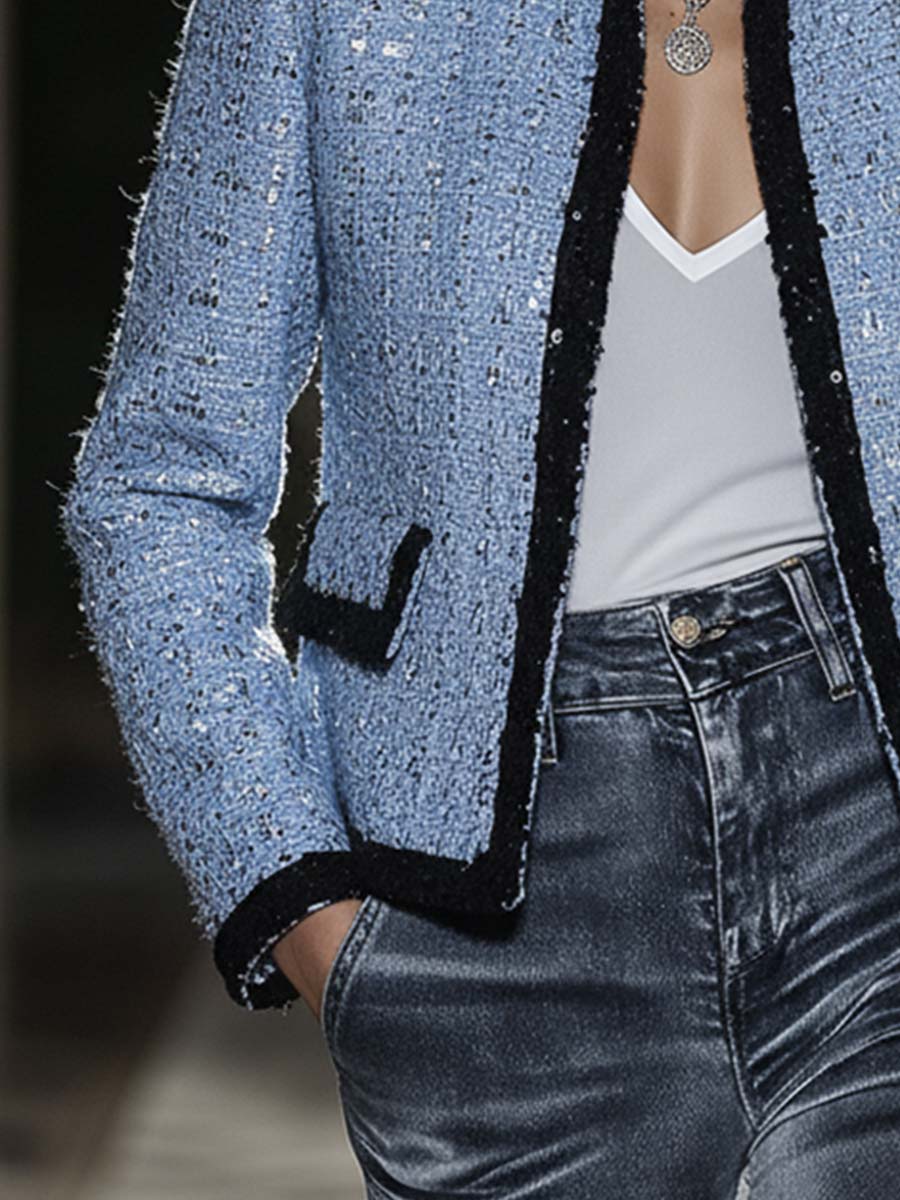 Veste en Tweed Bleu Chic et Éclatante avec Paillettes