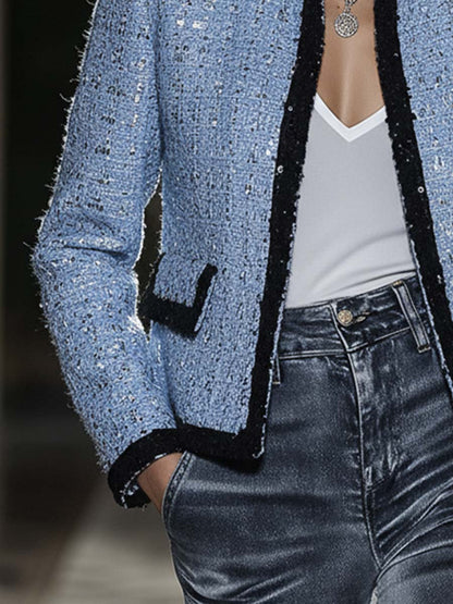 Veste Élégante en Tweed Bleu avec Sequins : L'Allure à la Mode