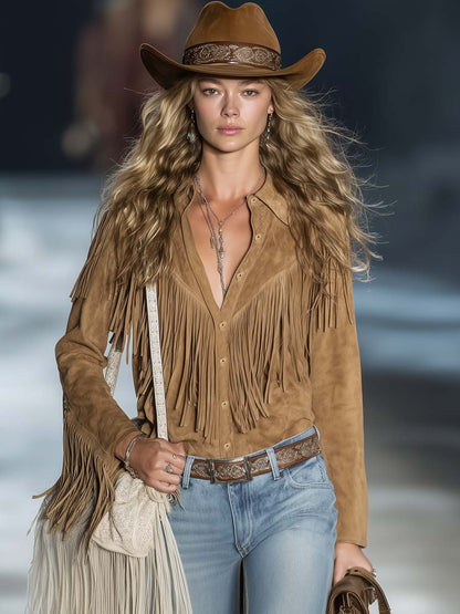 Chemise Western Vintage en Suède Marron Clair à Boutons et Franges - Élégance Décontractée à Manches Longues