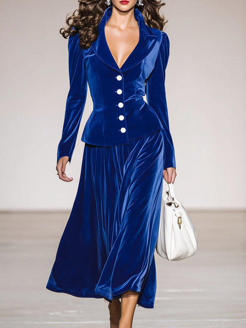 Robe en Velours Bleu Royal avec Col Élégant et Jupe Flottante