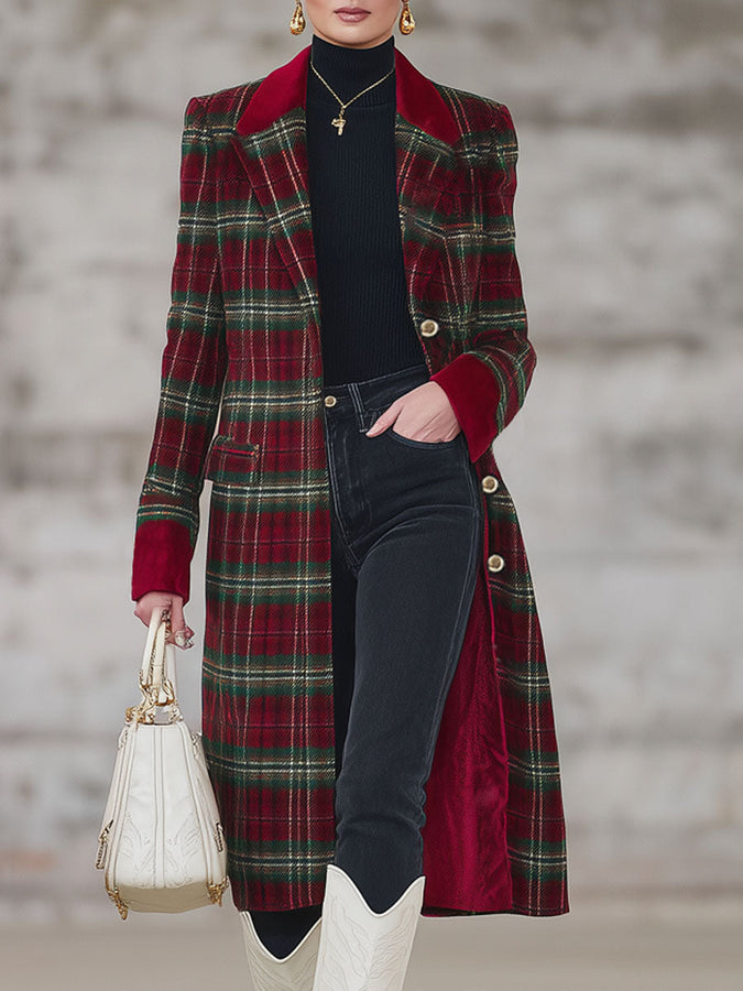 Classique Manteau Tartan Rouge et Vert à Revers avec Boutonnage Simple