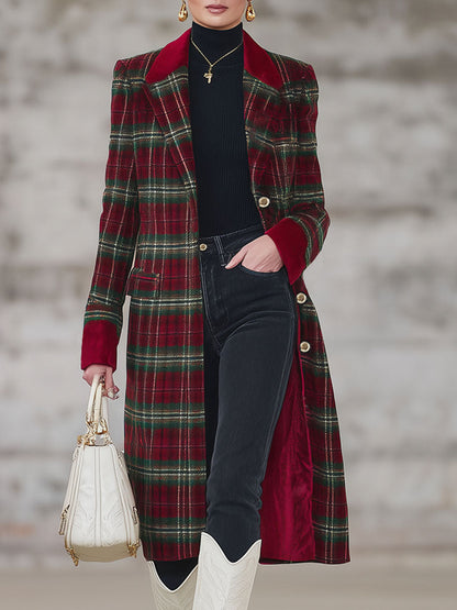 Classique Manteau Tartan Rouge et Vert avec Revers Élégant
