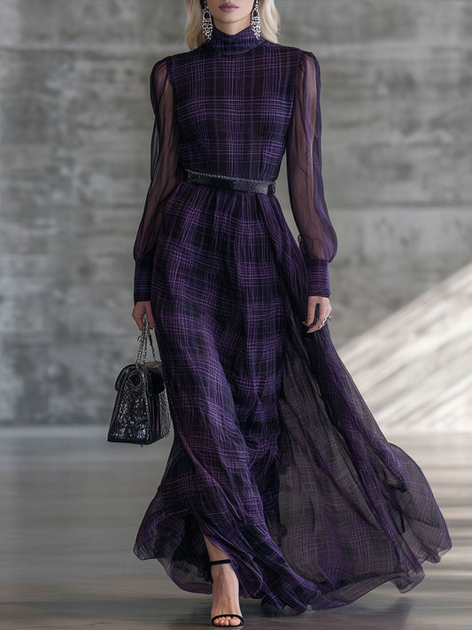 Maxi Robe Vintage en Velours Violet avec Col Roulé et Manches Longues en Organza à Motif Plaid