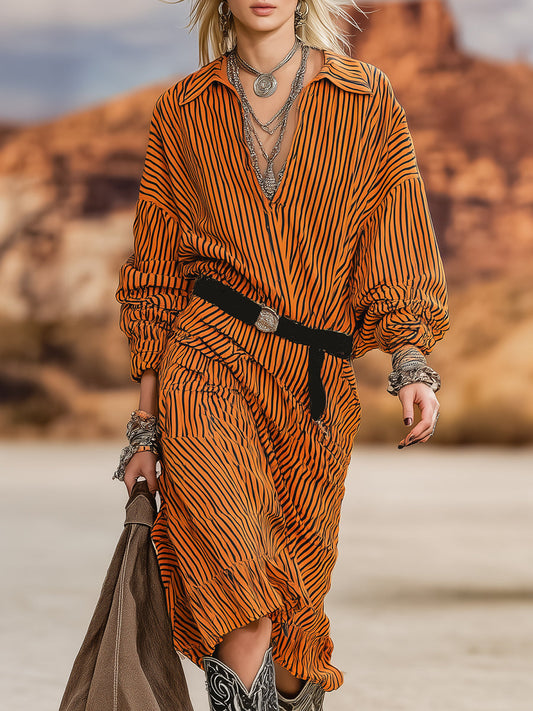 Robe Midi Rétro Orange à Rayures Noires - Style Western Chic