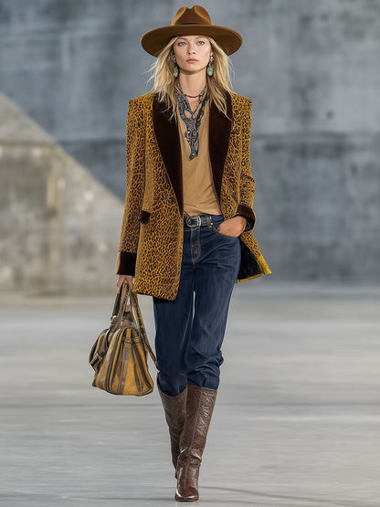 Veste en Velours Léopard Vintage Or - Élégance Décontractée