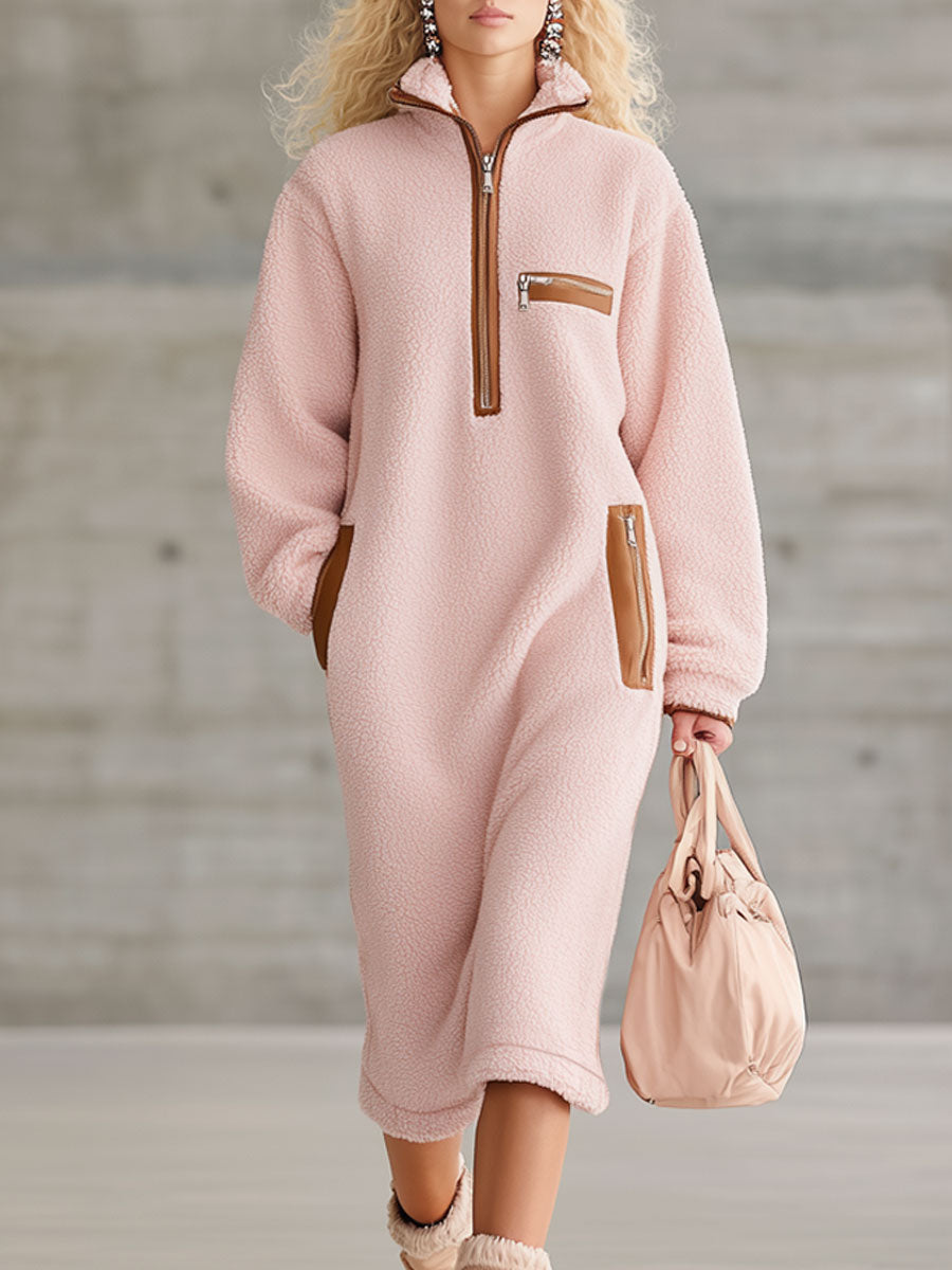 Robe Midi Polaire Rose avec Zip Demi en PU Marron - Style Rétro Western