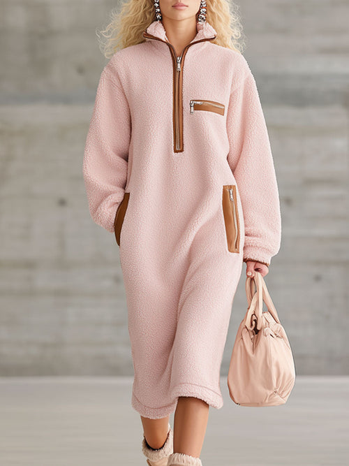 Robe Midi Polaire Rose avec Mi-Zip en PU Marron au Style Rétro Western