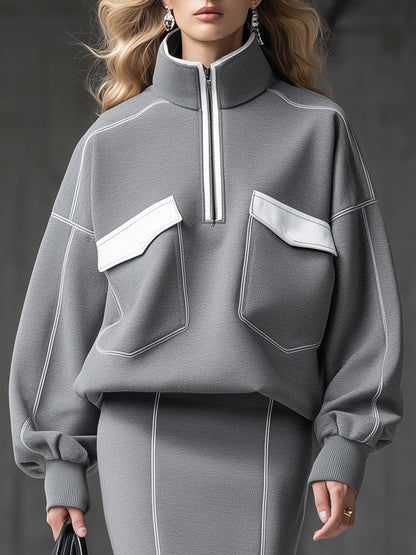 Ensemble Sportif Élégant : Sweat-shirt et Jupe Zippée Demi-Haute en Blanc et Gris
