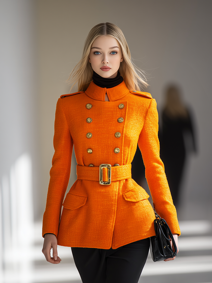 Veste Vintage en Tweed à Col Montant et Double Boutonnage