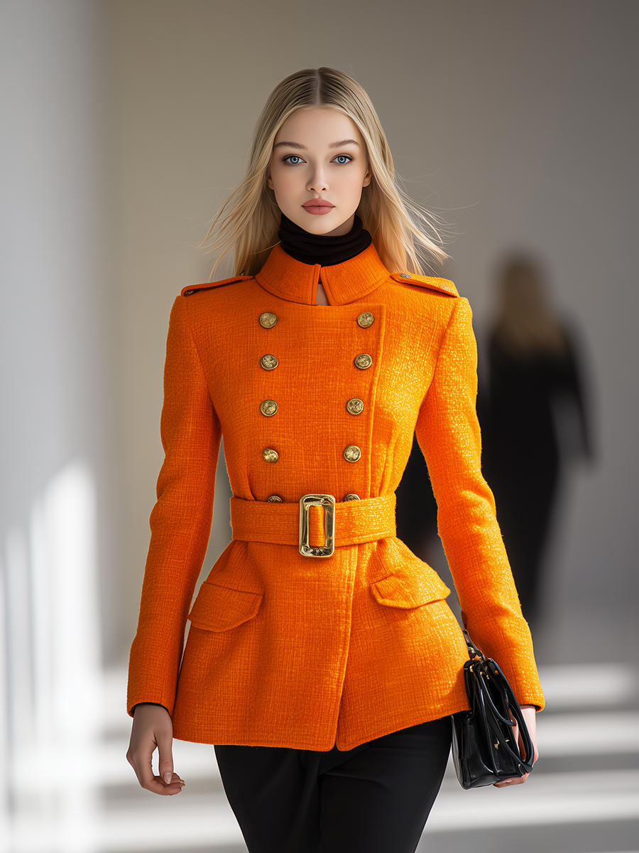 Veste Vintage en Tweed à Col Haut et Double Boutonnage