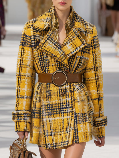 Veste mi-longue à motifs tartan jaune vintage