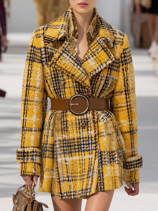 Veste mi-longue à motifs tartan jaune vintage