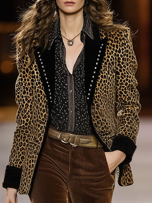 Blazer Rétro en Velours Imprimé Léopard à Détails Contrastés