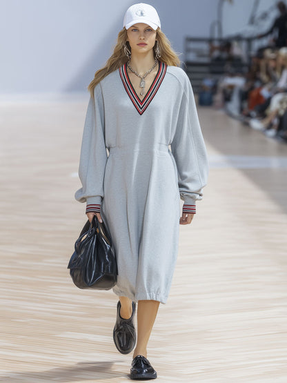 Robe Midi Décontractée à Rayures Bud Gris Clair avec Manches Longues et Col V